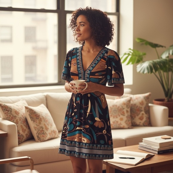 BCBGMAXAZRIA DRESS |XS Multi-Print Tie-Back Flutter Sleeve Dress - Picture 9 of 9